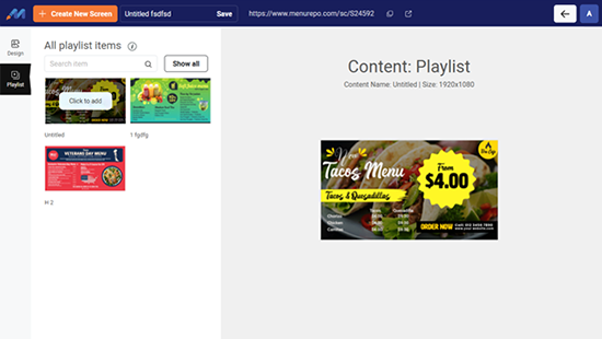 Create unique URL for screens for menus or playlists | MenuRepo Create screen & assign menu or playlist to show your food menu to custoemrs | MenuRepo